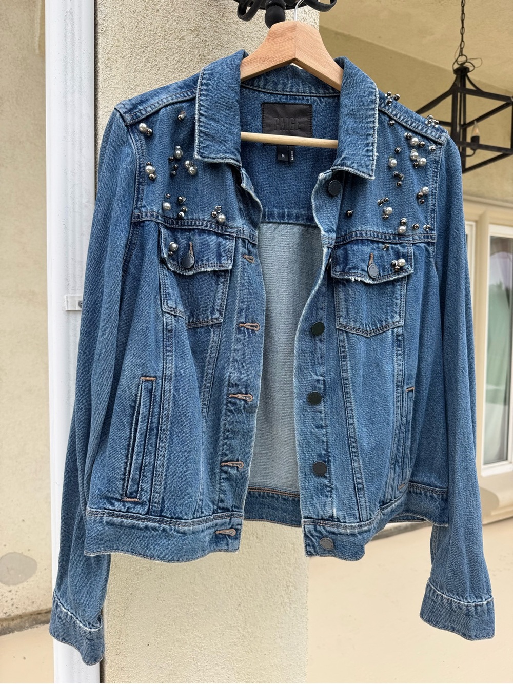 PAIGE Blue Denim Jacket with Pearl & Stud Embellment - Picture 2 of 3